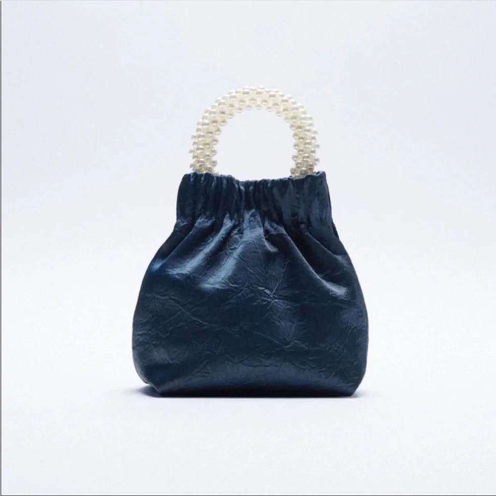 NWT Zara Blue Pearl Handle Wrinkled Crossbody Bag